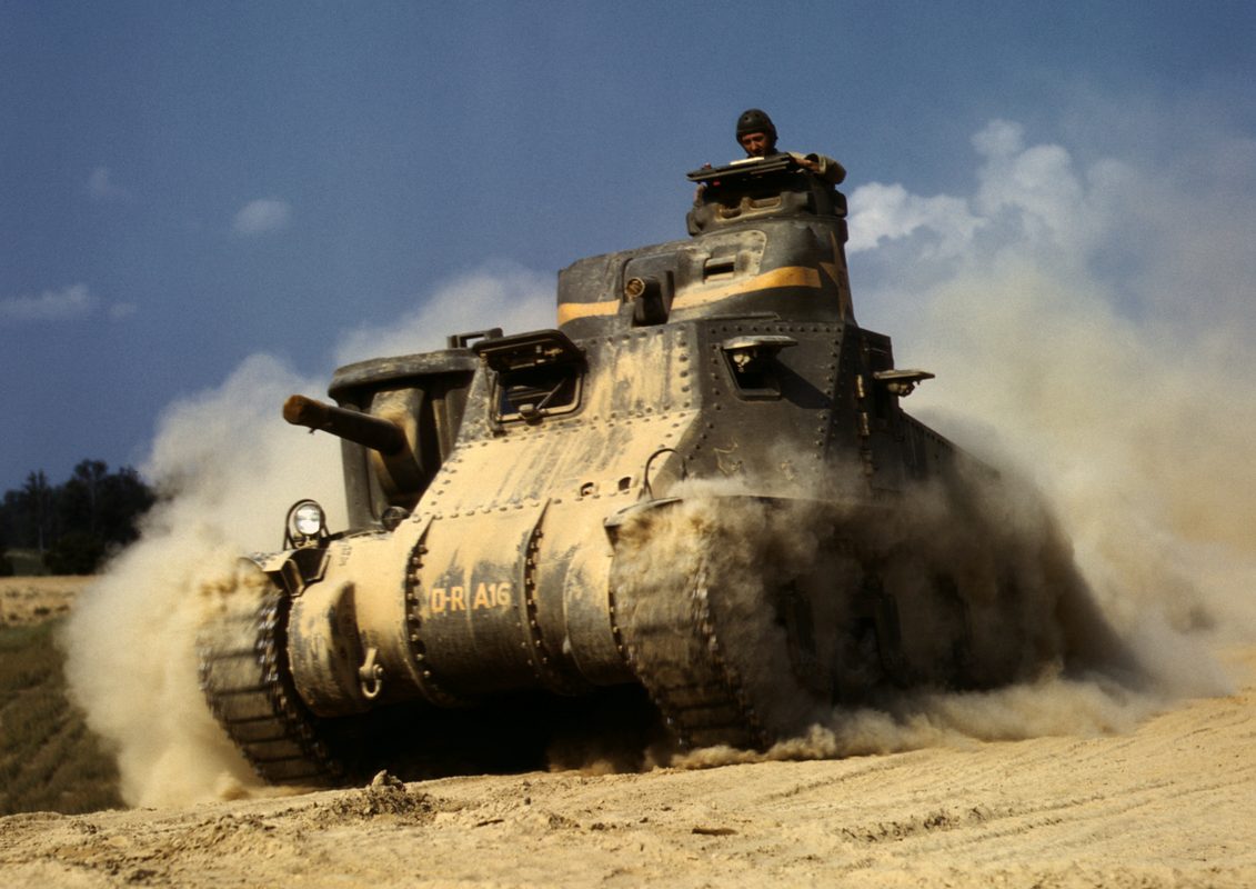 M3 Lee tank with its distinctive sponson-mounted 75mm gun in North African desert
