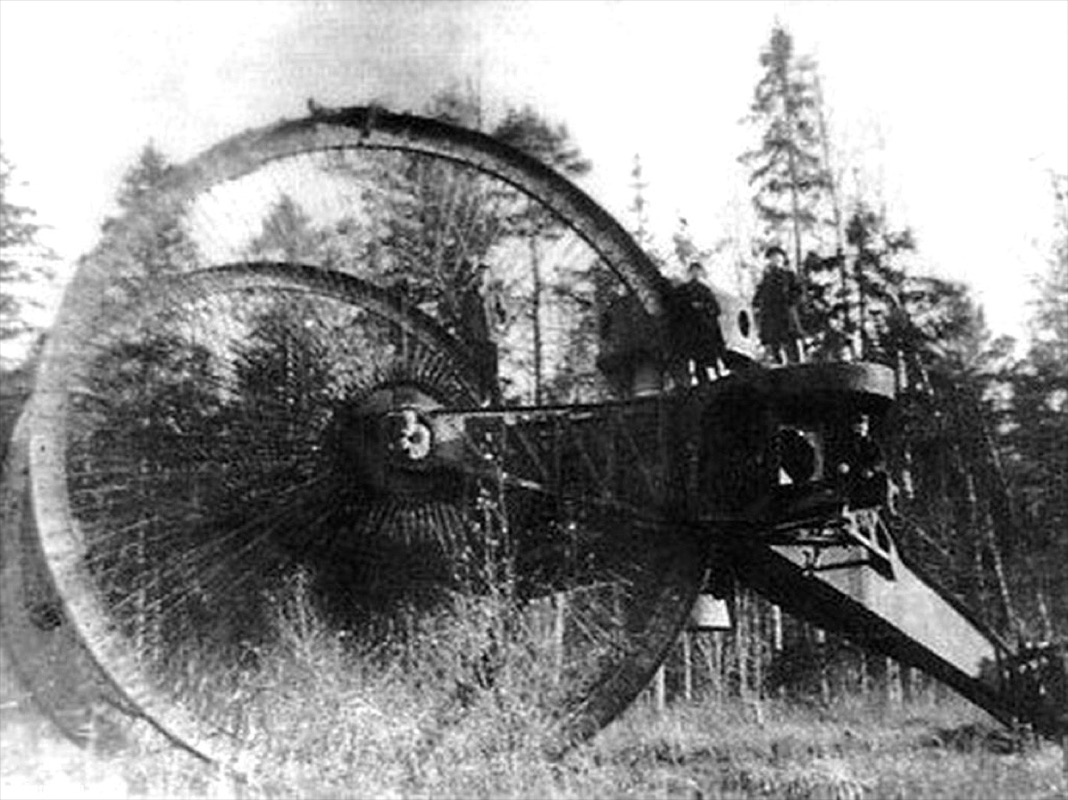 Historical illustration of the Tsar Tank with its massive front wheels