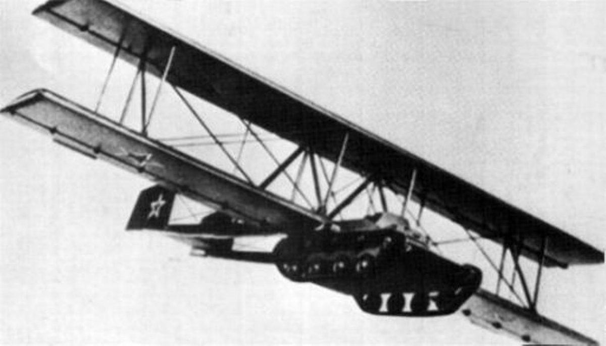 Diagram of the Antonov A-40 flying tank with biplane wings and tail assembly attached to a T-60 light tank