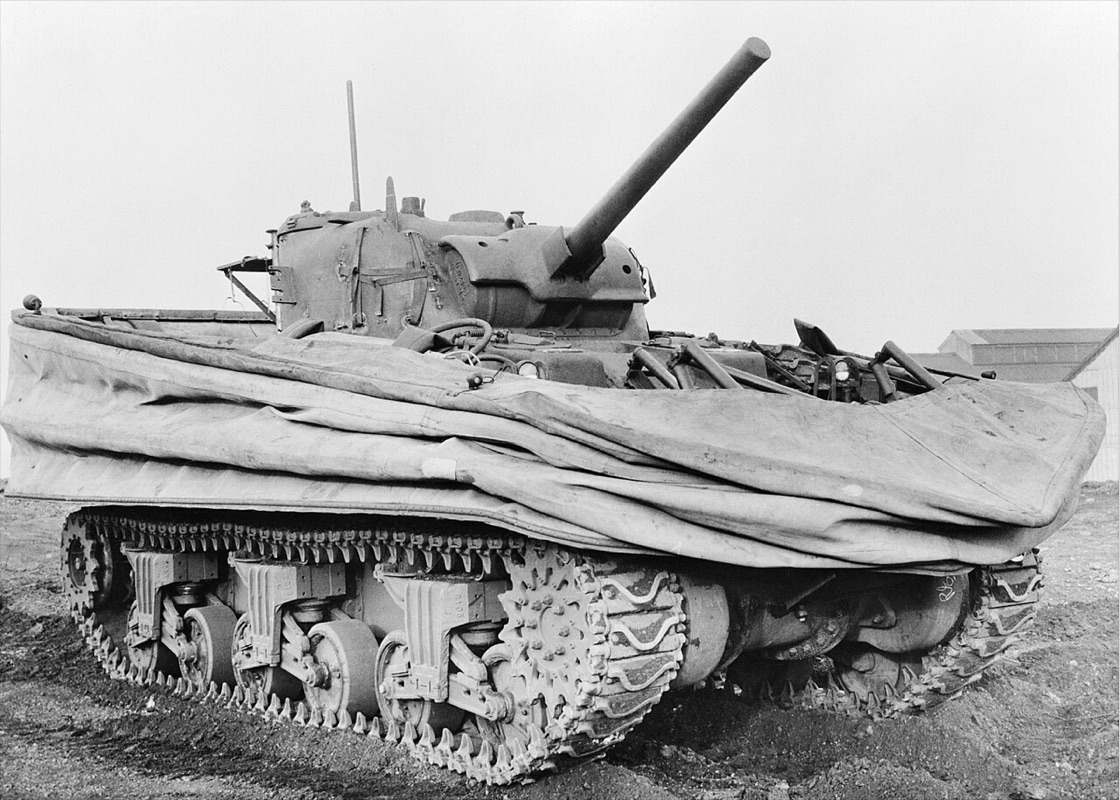 Sherman DD Duplex Drive amphibious tank with collapsible canvas flotation screen