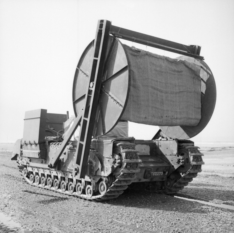 Churchill AVRE with bobbin carpet layer attachment for soft beach surfaces