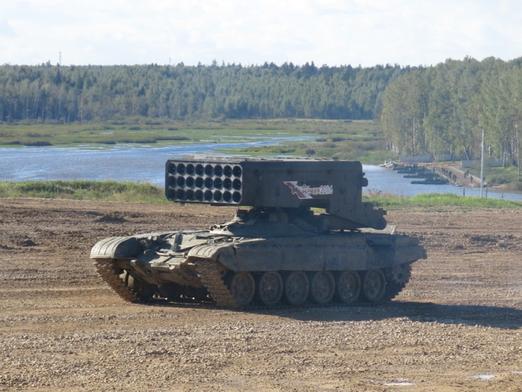TOS-1A thermobaric multiple rocket launcher system mounted on tank chassis