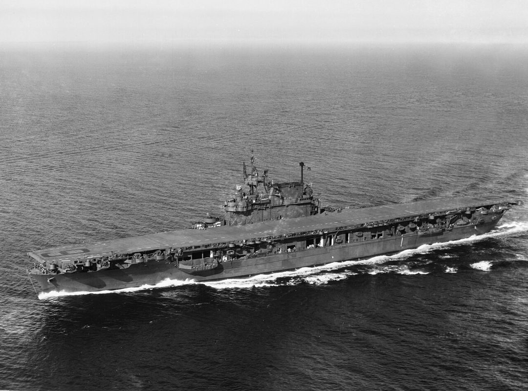 USS Enterprise CV-6 aircraft carrier at sea during World War II