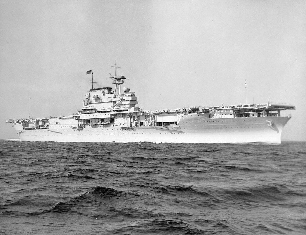 USS Yorktown CV-5 aircraft carrier under attack at the Battle of Midway
