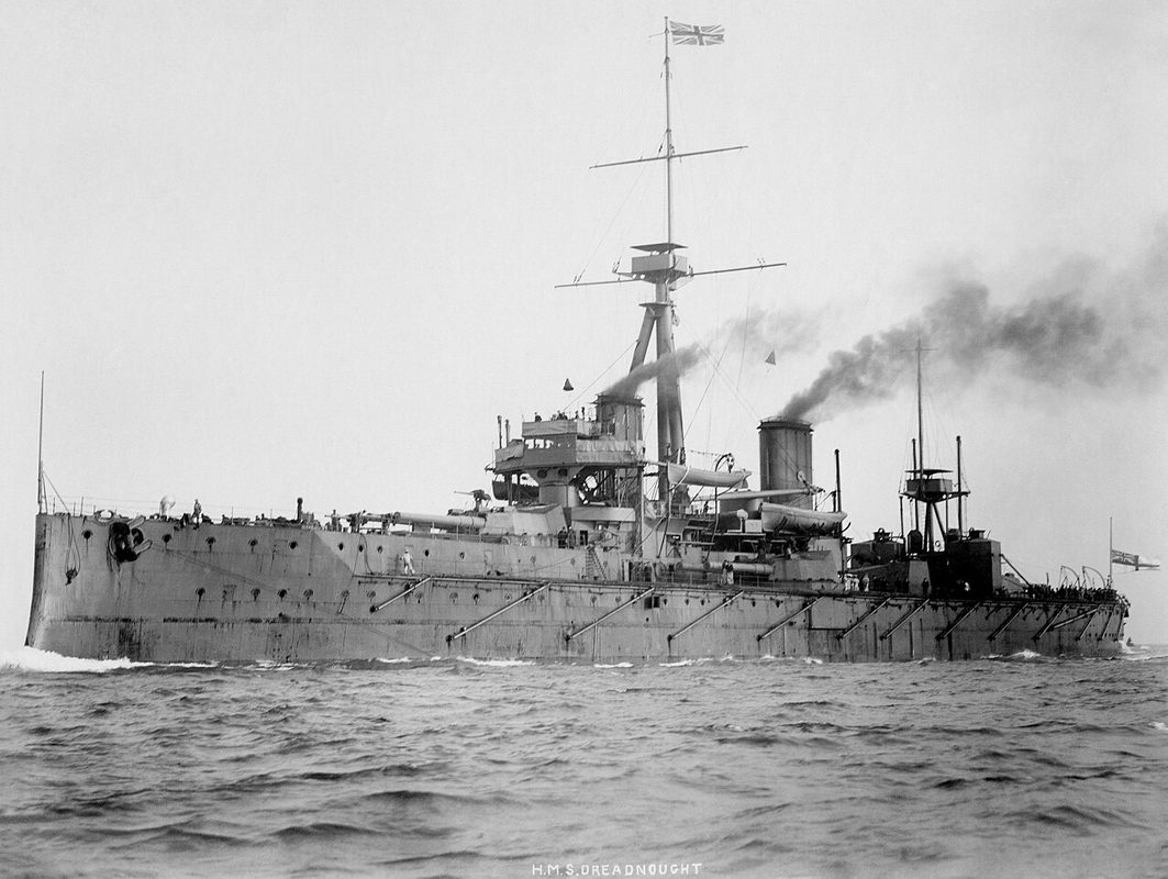 HMS Dreadnought battleship at sea showing ten 12-inch gun turrets