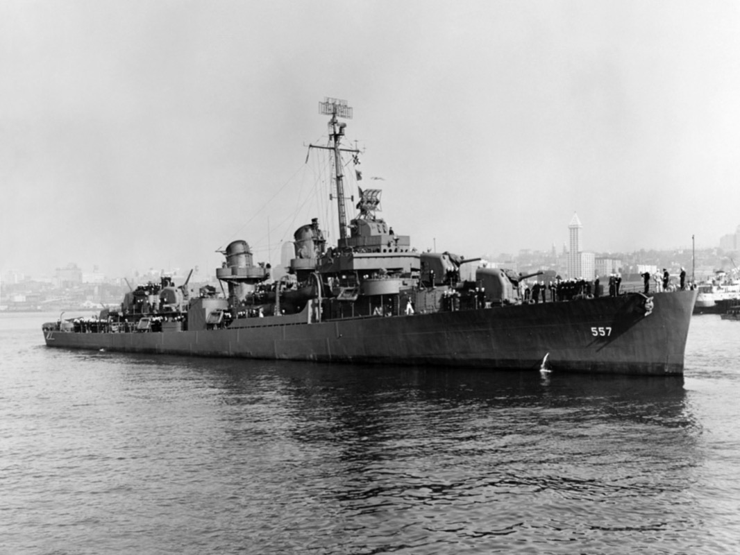 Fletcher-class destroyer USS Johnston underway in the Pacific during World War II