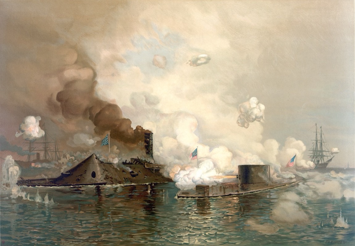CSS Virginia ironclad warship with sloped casemate armor in battle