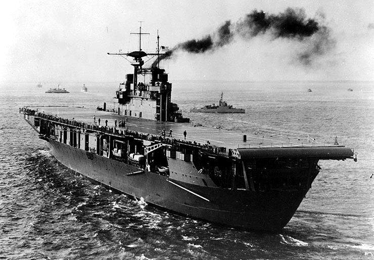 USS Hornet CV-8 with B-25 Mitchell bombers on deck before the Doolittle Raid