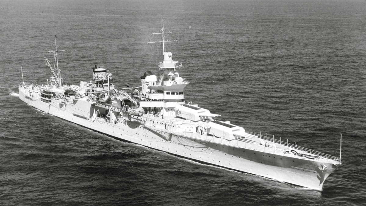 USS Indianapolis CA-35 heavy cruiser underway in the Pacific