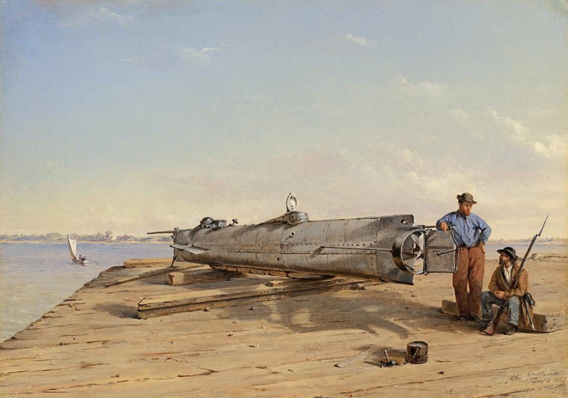H.L. Hunley Confederate submarine replica showing hand-cranked design