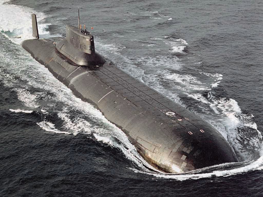 Soviet Typhoon-class nuclear ballistic missile submarine at sea showing massive hull
