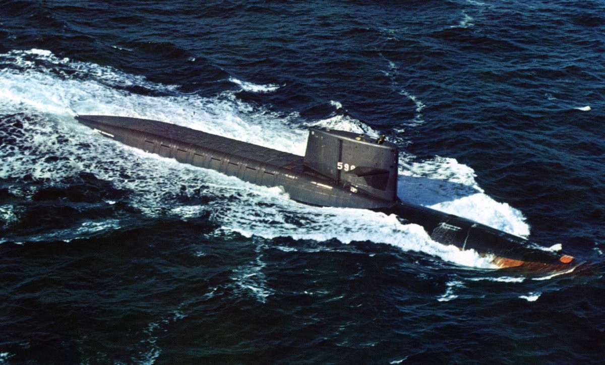 USS George Washington SSBN-598 nuclear ballistic missile submarine surfaced at sea