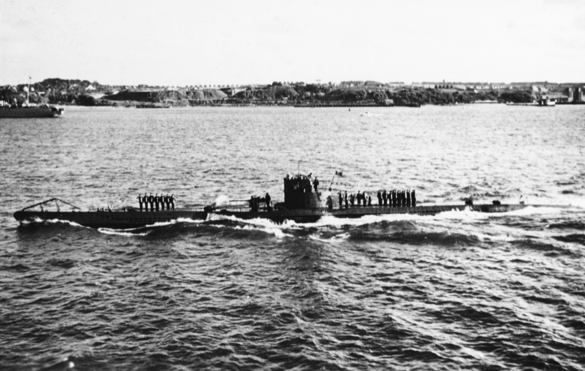 German U-boat U-47 returning to port with crew on deck