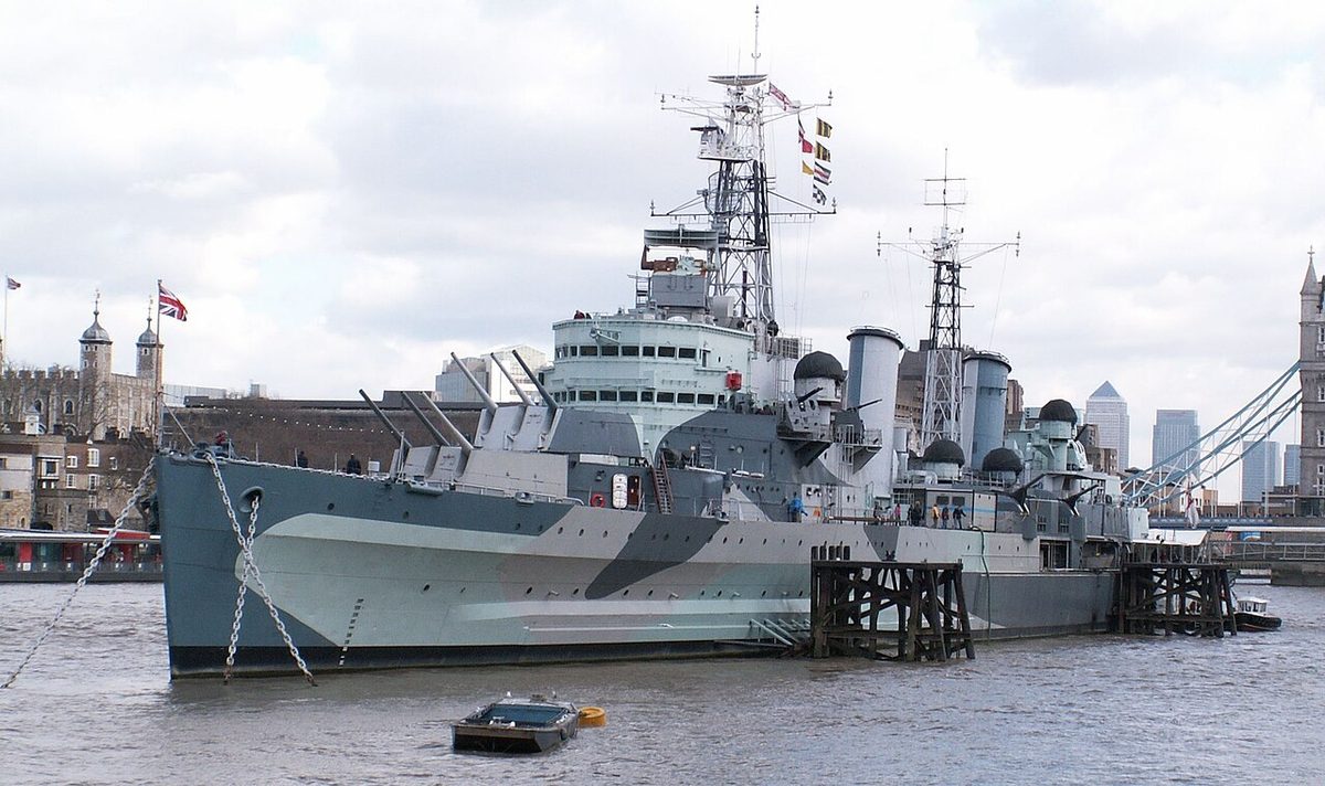 HMS Belfast light cruiser moored as a museum ship on the River Thames in London
