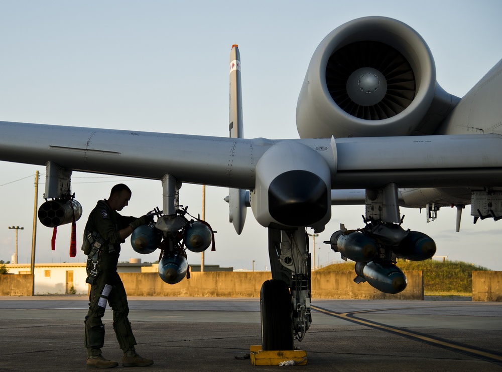 Ground crew member working beneath an A-10 Thunderbolt II during ground operations
