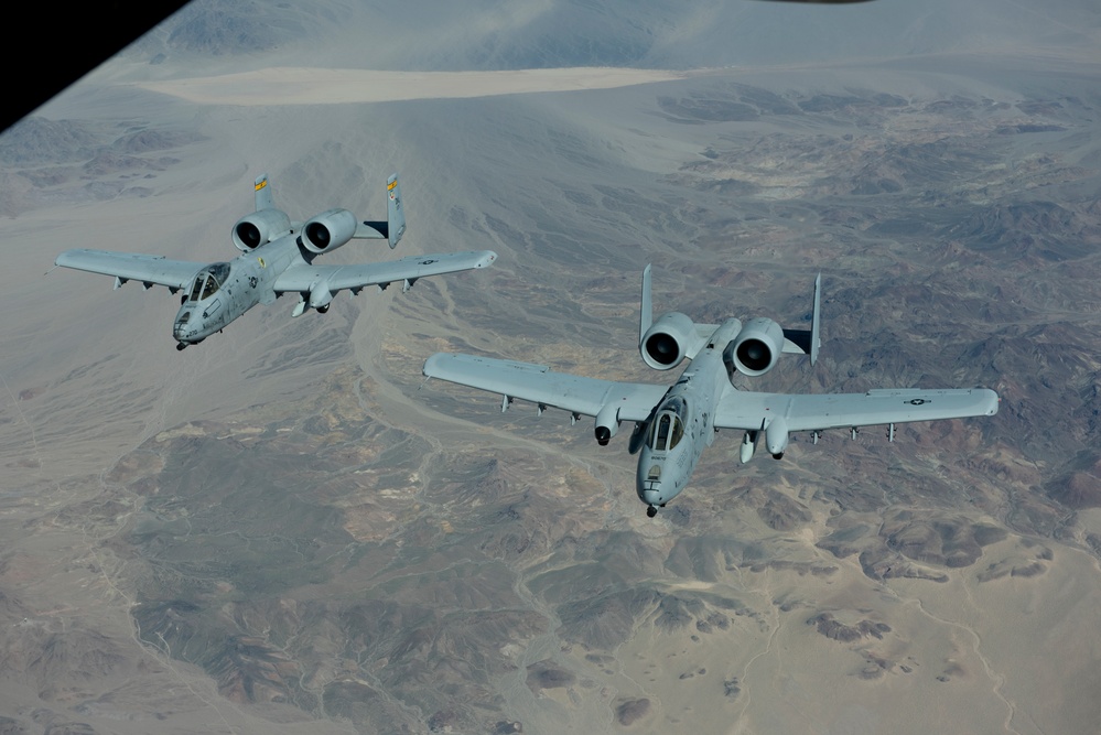 Two A-10 Thunderbolt II aircraft flying in formation over Southern California