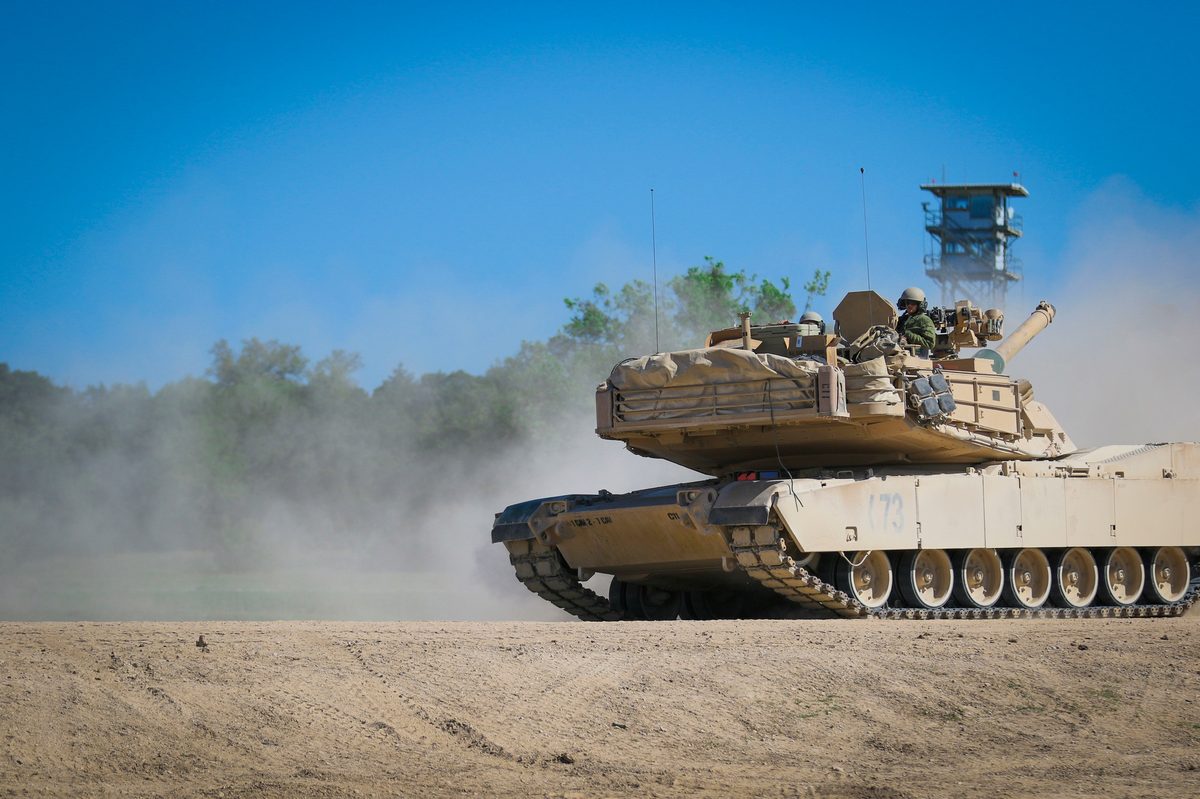 An M1A2 SEPv3 Abrams tank sits stationary during a warfighter exercise at Fort Hood, Texas
