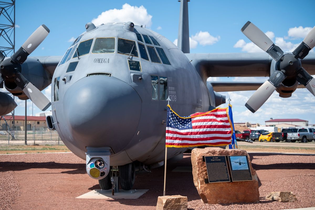 AC-130W Stinger II gunship on static display showing its weapons systems