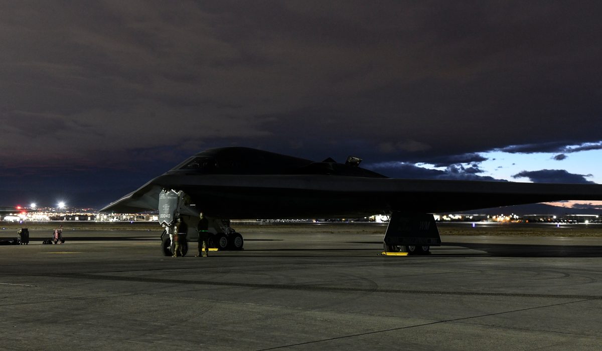 B-2 Spirit stealth bomber on the ramp at night during Red Flag exercise