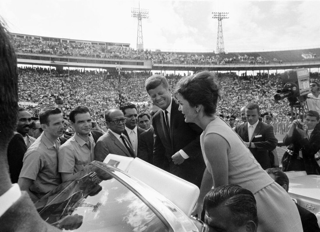 President John F. Kennedy and First Lady Jacqueline Kennedy greeting members of Brigade 2506 at the Orange Bowl in Miami, December 1962