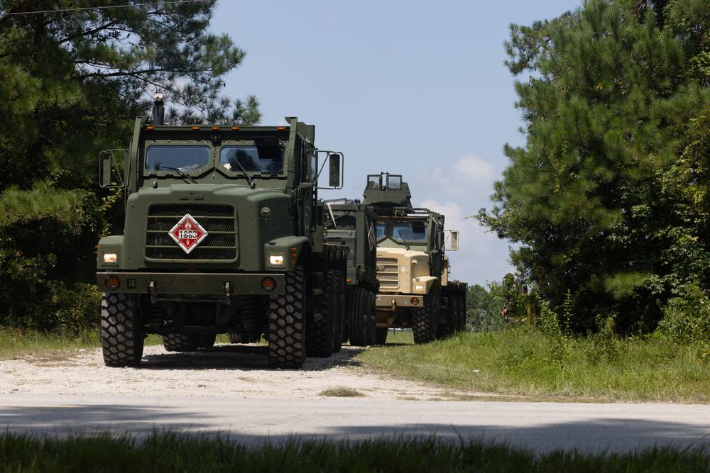 Marine logistics convoy with fuel trucks during battalion field exercise