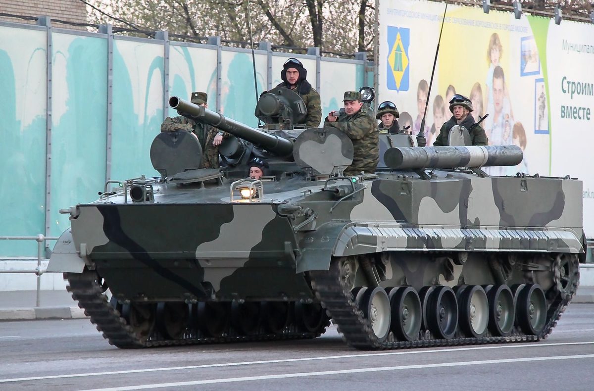 BMP-3 infantry fighting vehicle swimming across a river during Russian military exercises showing its amphibious capability