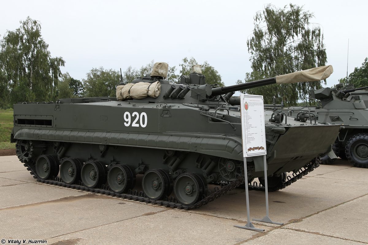 Russian BMP-3 infantry fighting vehicle firing its 100mm main gun during a live-fire exercise showing the low-profile turret