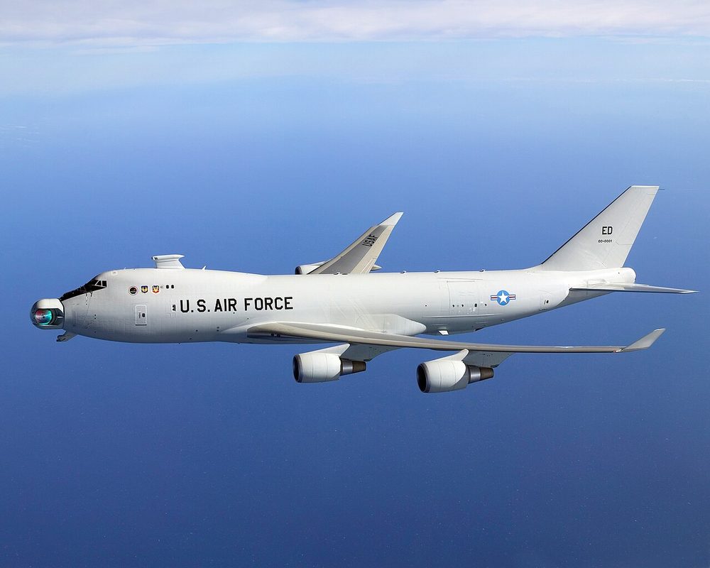 Boeing YAL-1A Airborne Laser testbed aircraft, a modified 747-400F with the laser turret visible in the nose