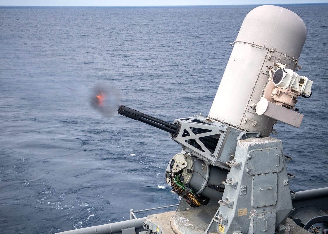 Phalanx CIWS close-in weapon system firing during a live-fire exercise aboard a U.S. Navy warship