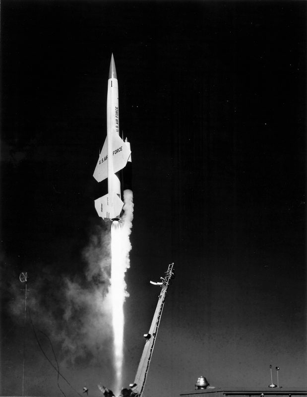 CIM-10 BOMARC nuclear-tipped anti-aircraft missile on its launcher at a Cold War era air defense site