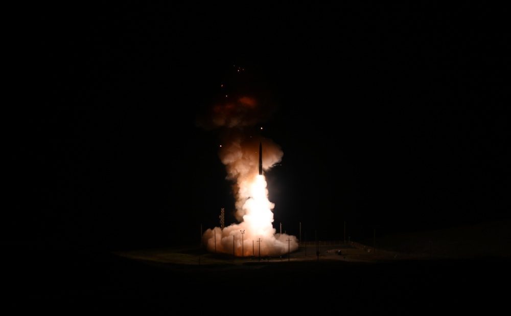 Minuteman III intercontinental ballistic missile launching from its silo during a test at Vandenberg Air Force Base
