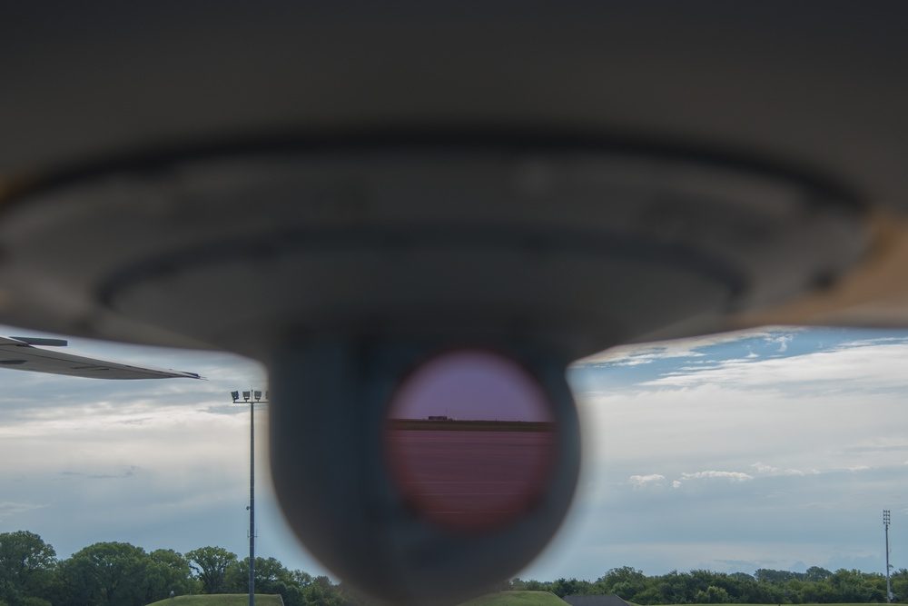 The LAIRCM system mounted on the underside of a KC-46A Pegasus during testing at Edwards Air Force Base