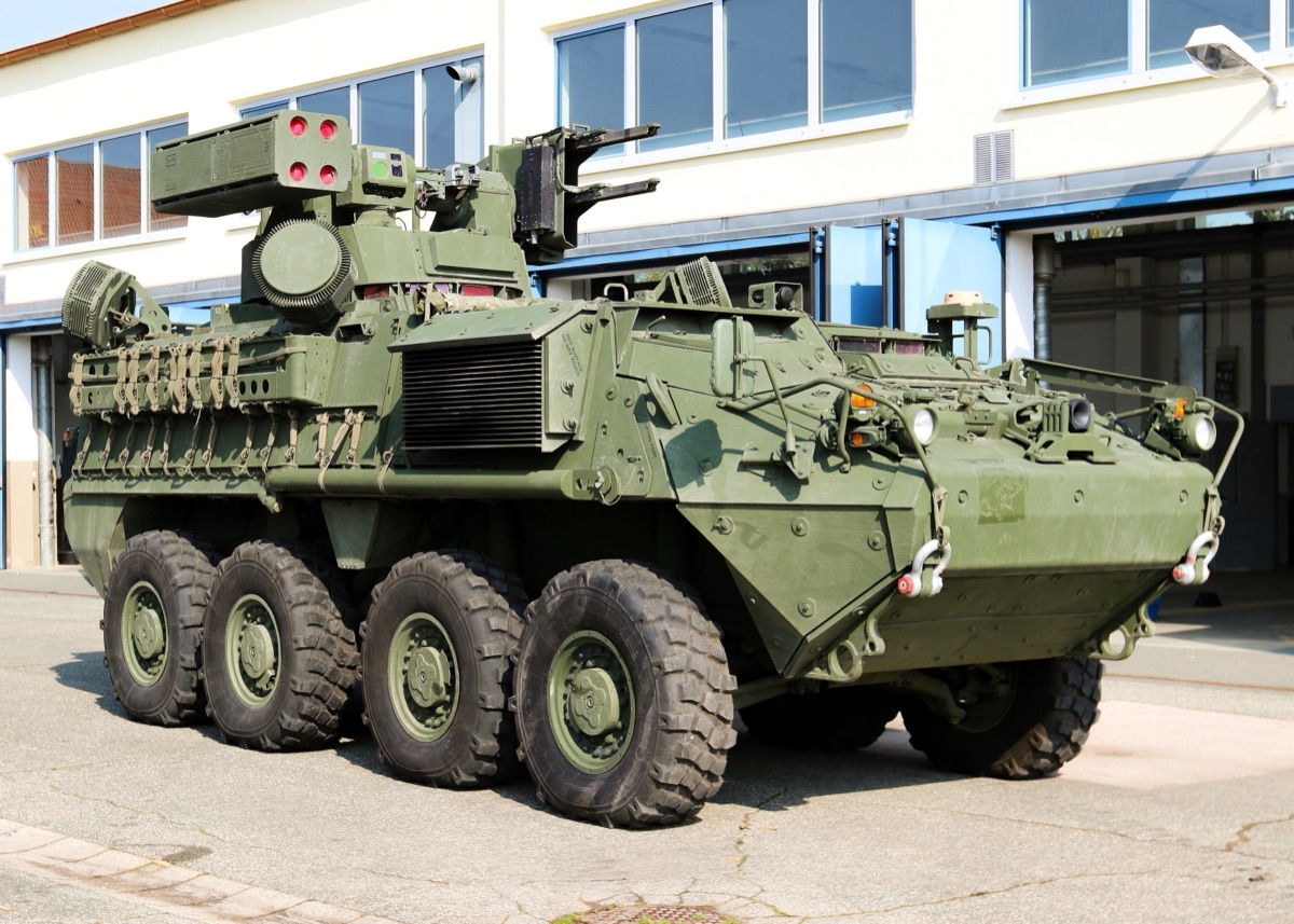 A Stryker-based M-SHORAD air defense system with missile and gun armament