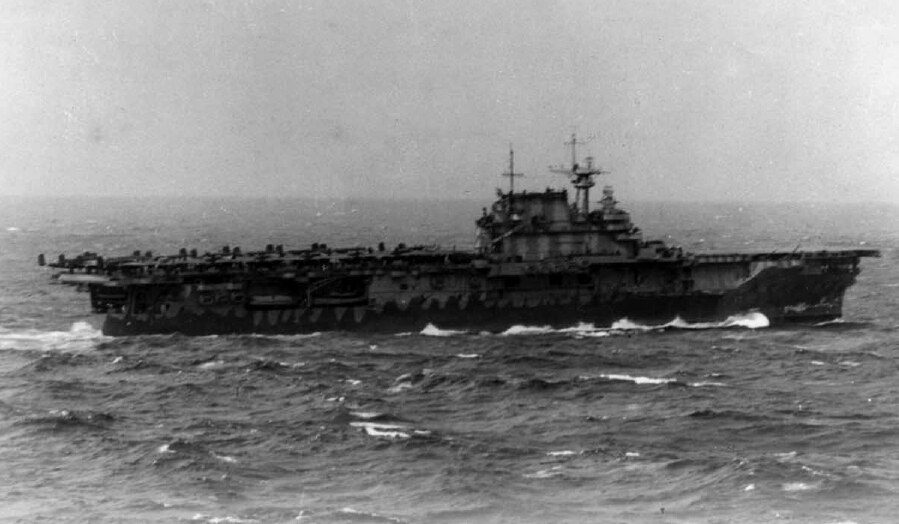 USS Hornet (CV-8) underway during the Doolittle Raid in April 1942
