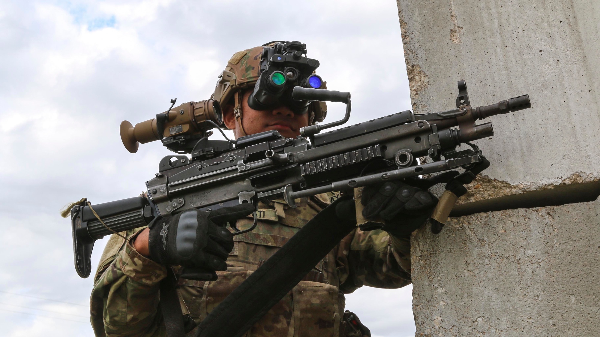 Soldier wearing the ENVG-B Enhanced Night Vision Goggle showing augmented reality overlay capability