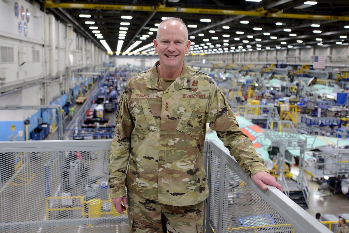 F-35 Joint Program Executive Officer overlooking the Lockheed Martin F-35 assembly line at Air Force Plant 4 in Fort Worth, Texas