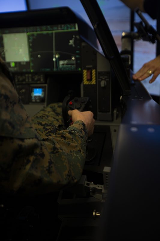 F-35 cockpit demonstrator showing the large panoramic touchscreen display and pilot interface systems