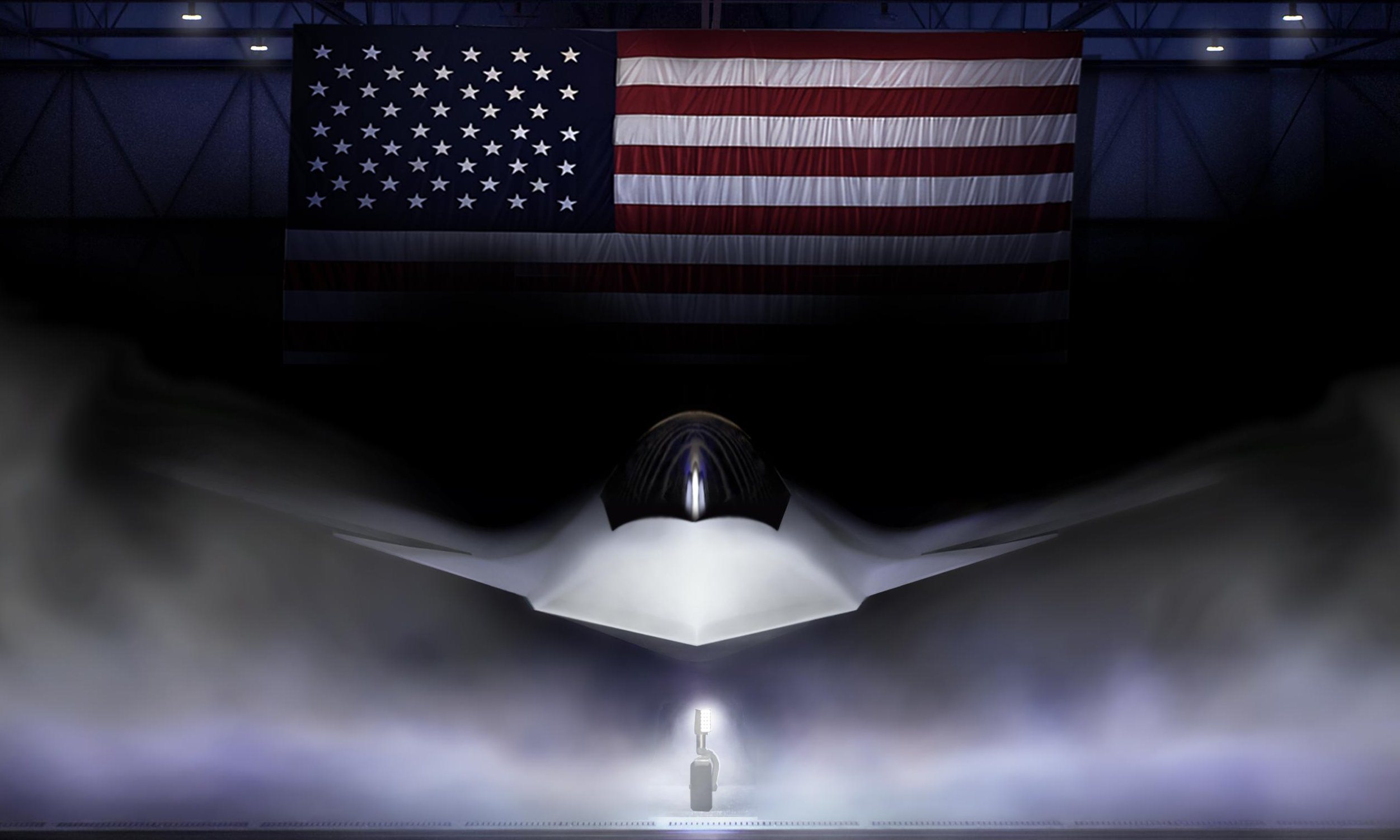 Artist rendering of the Boeing F-47 sixth-generation fighter showing its tailless blended wing-body design