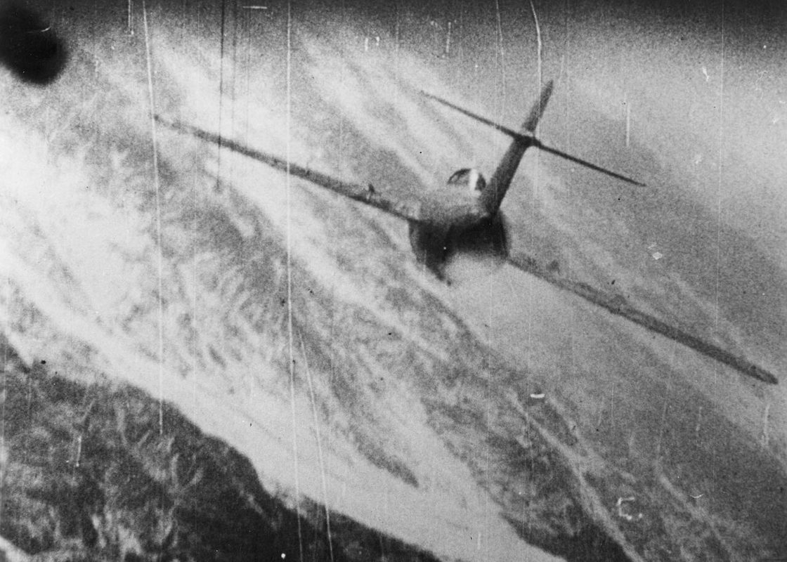 Gun camera footage showing a MiG-15 being hit during aerial combat over Korea in 1953