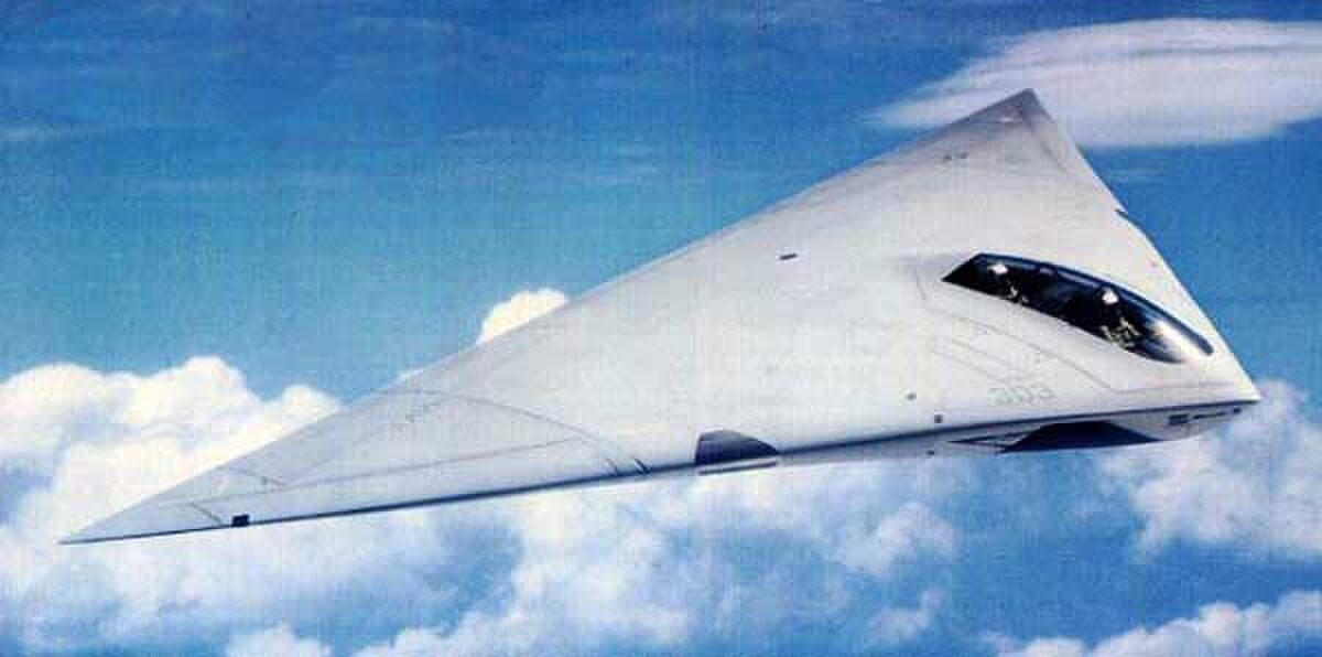 A-12 Avenger II concept illustration showing the triangular flying wing stealth attack aircraft, nicknamed the Flying Dorito for its distinctive shape