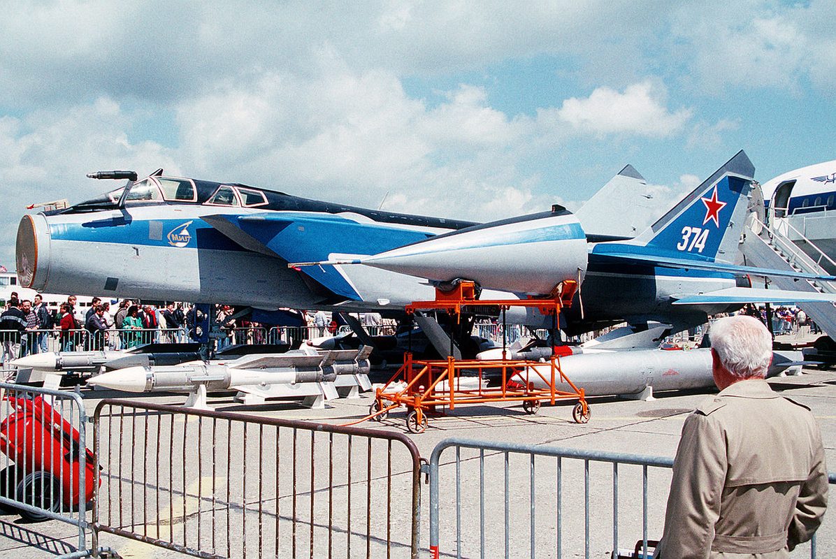 MiG-31 Foxhound interceptor in flight showing its massive airframe