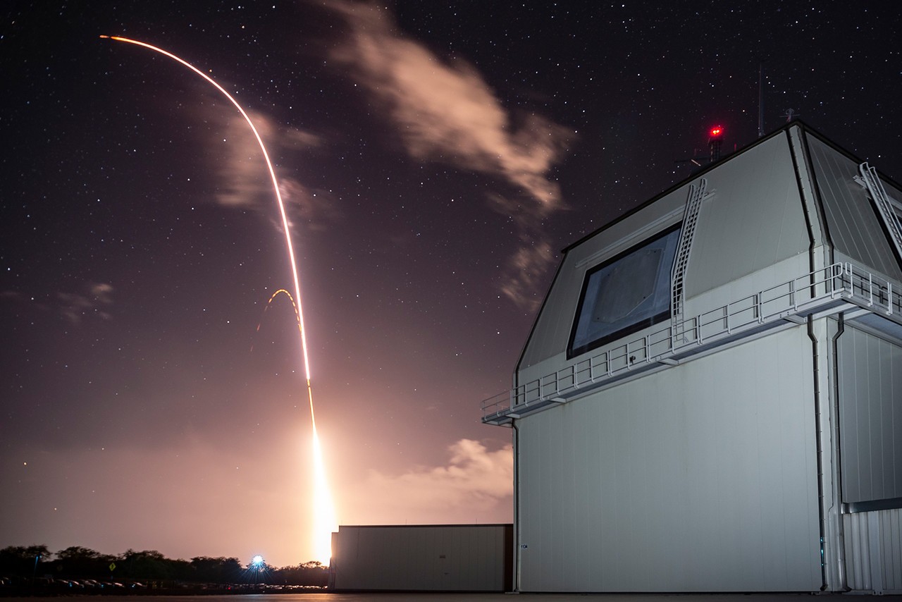 Aegis-equipped destroyer launching an interceptor missile during a ballistic missile defense test