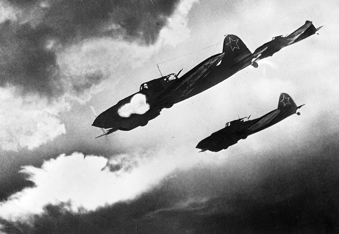 IL-2 Sturmoviks in formation diving to attack during a World War II operation