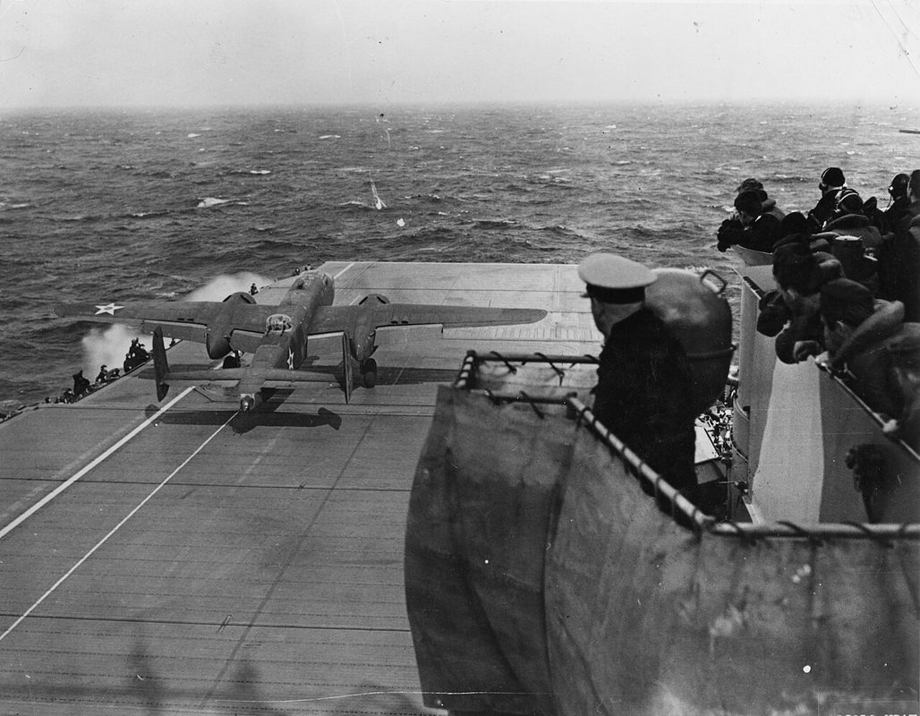 B-25 Mitchell bomber on the deck of USS Hornet before the Doolittle Raid on Tokyo in 1942