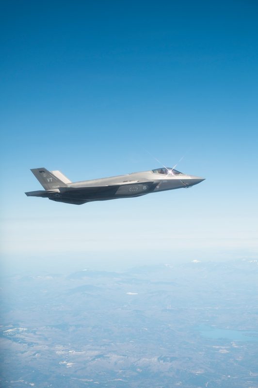 F-35A Lightning II in flight over Vermont, demonstrating its low-observable stealth design