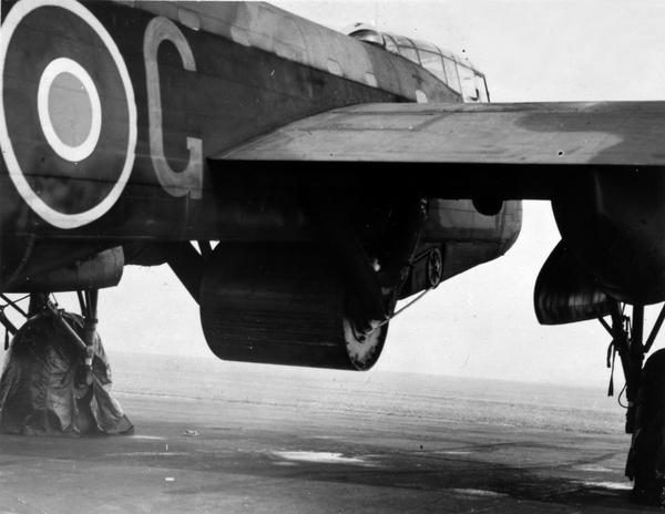 Upkeep bouncing bomb mounted under a Lancaster for the Dambusters raid on German dams