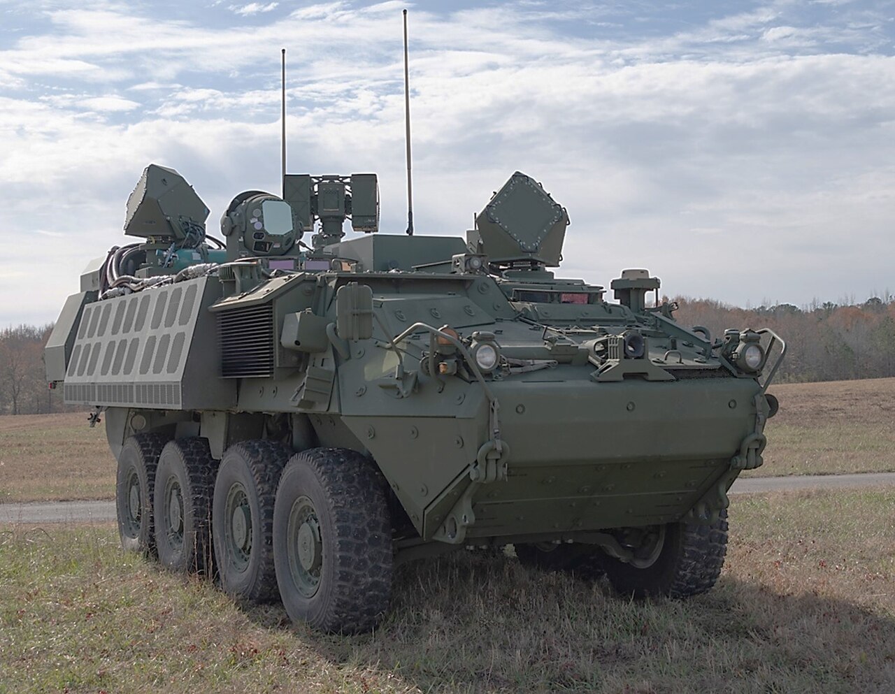 DE-SHORAD directed energy weapon mounted on an Army Stryker vehicle