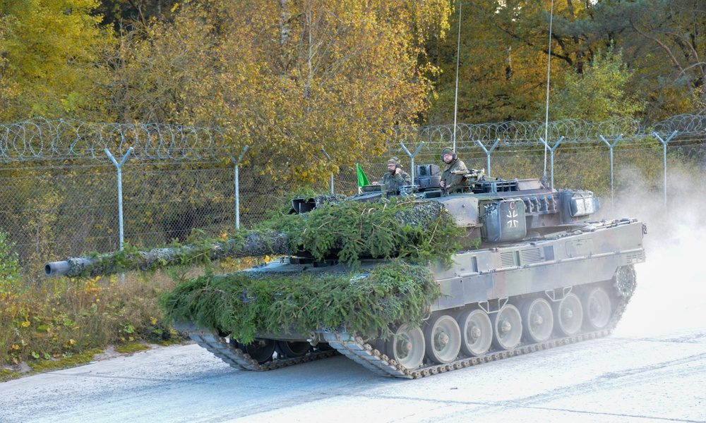 Leopard 2A7V main battle tank viewed from the front during a NATO exercise at Grafenwoehr