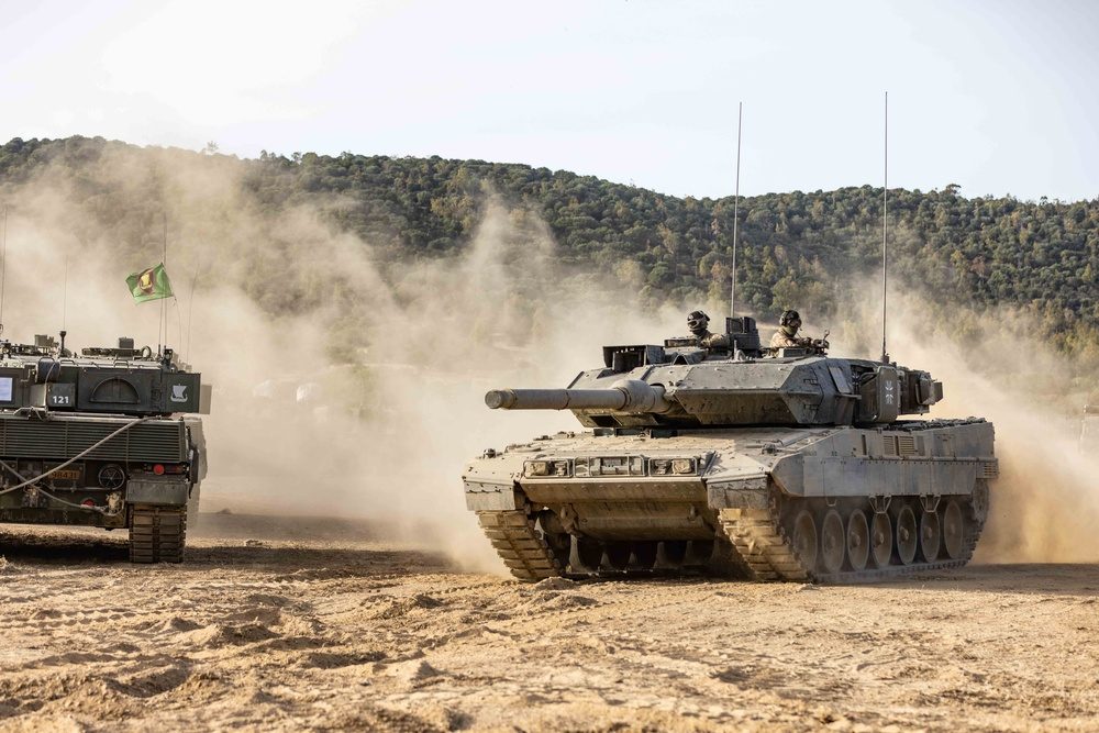 German Leopard 2 tank returning from a live fire range during NATO Exercise Noble Jump 23