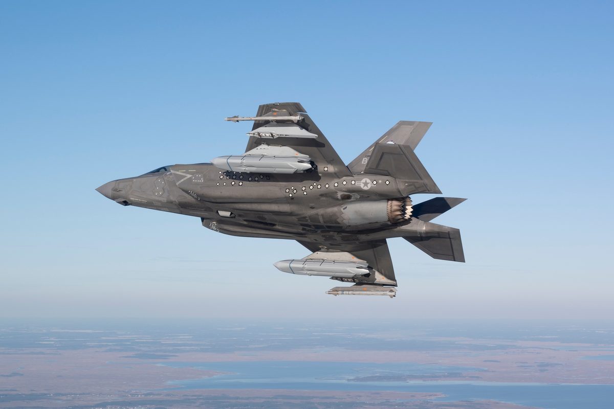 F-35B Lightning II conducting the first test flight with AGM-158 missiles loaded on external stations at Patuxent River